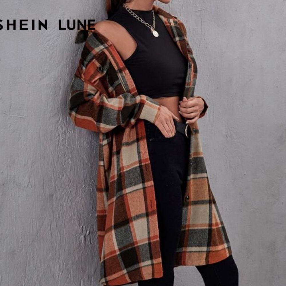 SHEIN Plaid Open-Front Coat in Orange and Black